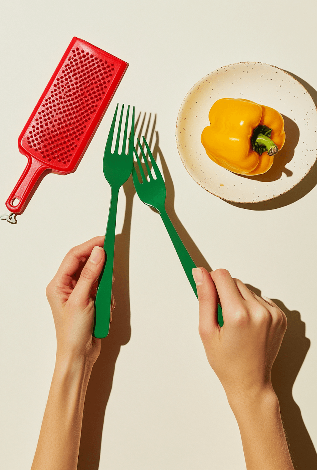 Two hands holding green forks next to a grater and a yellow pepper
