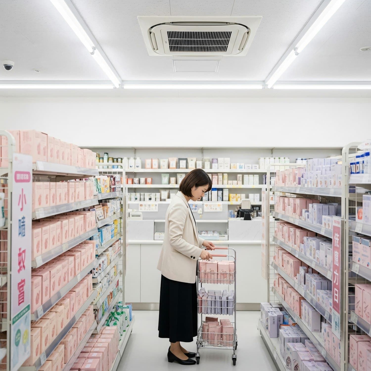 A shopper with a cart between fully stocked store shelves