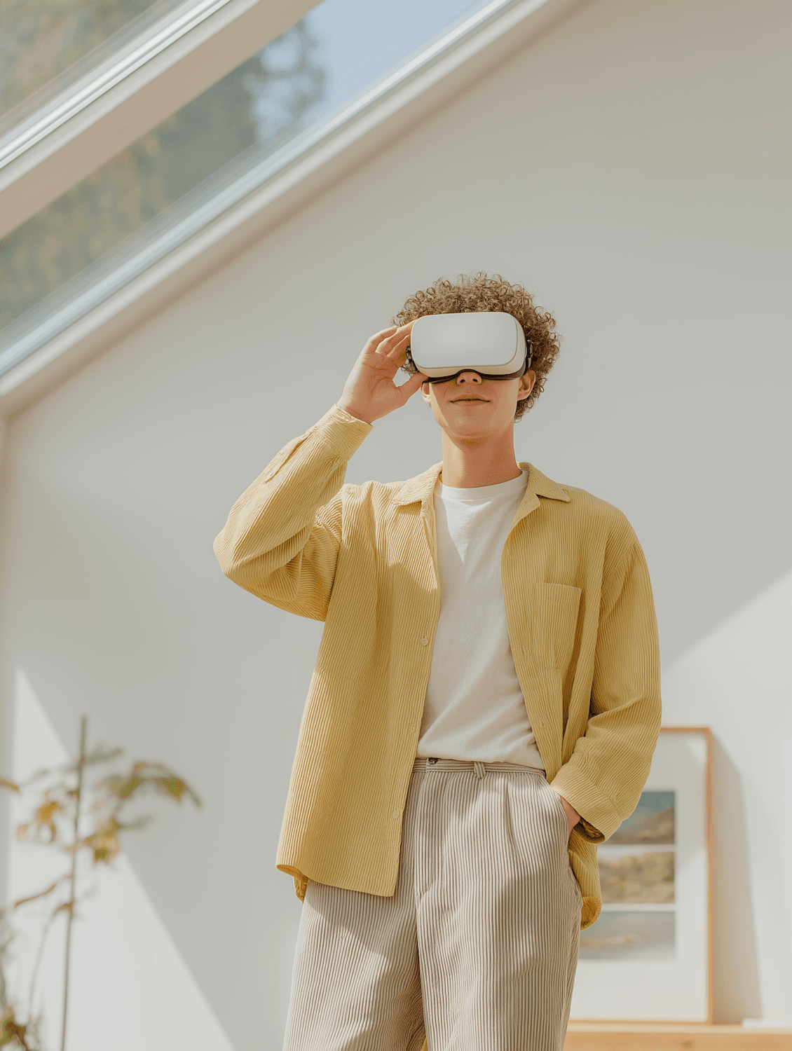 A person wearing a mixed reality headset in a bright room